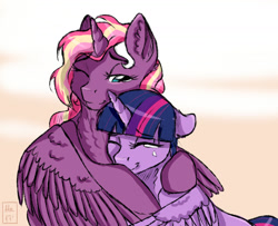 Size: 1748x1417 | Tagged: safe, artist:ali-selle, twilight sparkle, twilight sparkle (alicorn), oc, oc:lightning starlight, alicorn, pony, princess twilight sparkle (episode), alicorn oc, crying, female, hug, mare, sisters, smiling, winghug