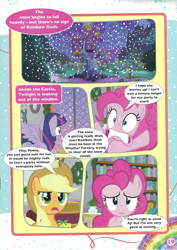 Size: 1654x2338 | Tagged: safe, applejack, pinkie pie, twilight sparkle, twilight sparkle (alicorn), alicorn, earth pony, pony, a wonderful white hearth's warming eve!, book, bookcase, comic, magazine scan, snow, twilight's castle