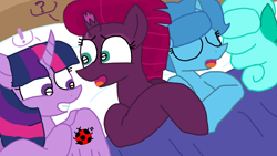 Size: 1920x1080 | Tagged: safe, artist:徐詩珮, fizzlepop berrytwist, glitter drops, spring rain, tempest shadow, twilight sparkle, twilight sparkle (alicorn), alicorn, pony, unicorn, bed, broken horn, dialogue, female, glitterlight, glittershadow, horn, lesbian, mare, polyamory, shipping, sleeping, sprglitemplight, springdrops, springlight, springshadow, springshadowdrops, tempestlight, twilight hates ladybugs