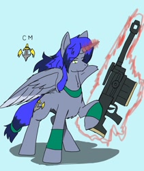 Size: 1731x2048 | Tagged: safe, artist:omegapony16, oc, oc only, oc:oriponi, alicorn, alicorn oc, anti-materiel rifle, choker, female, glowing horn, gun, horn, magic, mare, raised hoof, rifle, simple background, solo, telekinesis, weapon