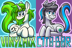 Size: 1500x990 | Tagged: safe, artist:rainybleuu, oc, oc only, oc:c1t0-b0r, oc:vinyl mix, pony, robot, robot pony, unicorn, badge, citomix, commission, couple, prone, smiling, text