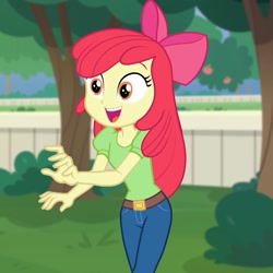 Size: 1080x1080 | Tagged: safe, screencap, apple bloom, better together, equestria girls, holidays unwrapped, adorabloom, apple bloom's bow, belt, bow, clothes, cropped, cute, hair bow, jeans, older, pants, smiling, solo, the cider louse fools