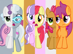 Size: 2732x2048 | Tagged: safe, artist:turnaboutart, apple bloom, babs seed, diamond tiara, scootaloo, scooteroll, silver spoon, sweetie belle, earth pony, pegasus, pony, unicorn, base used, colt, female, filly, male, missing accessory, rule 63