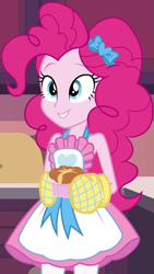 Size: 611x1080 | Tagged: safe, screencap, pinkie pie, equestria girls, equestria girls series, holidays unwrapped, spoiler:eqg series (season 2), apron, bow, clothes, cropped, female, food, hair bow, kitchen, oven mitts, ramekin, saving pinkie's pie, skirt, sleeveless shirt, smiling, solo, souffle