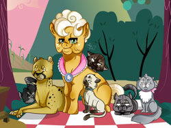 Size: 1600x1200 | Tagged: safe, artist:ali-selle, goldie delicious, cat, pony, commission, crazy cat lady, picnic blanket, tree