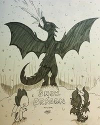 Size: 3024x3780 | Tagged: safe, artist:loreto-arts, spike, oc, dragon, dragon oc, inktober, monochrome, snow, traditional art, winged spike