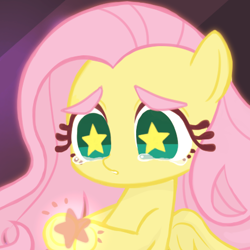 Size: 461x461 | Tagged: safe, artist:_no_tarin, artist:misocha, fluttershy, pegasus, pony, bust, crying, cute, female, hoof hold, looking at something, looking down, mare, sad, shyabetes, solo, starry eyes, stars, teary eyes, wingding eyes, wings