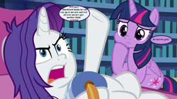 Size: 1280x720 | Tagged: safe, edit, edited screencap, screencap, rarity, twilight sparkle, twilight sparkle (alicorn), alicorn, pony, unicorn, dragon dropped, angry, book, dialogue, fainting couch, implied blueblood, library, messy mane, speech bubble, twilight's castle