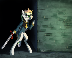 Size: 3403x2755 | Tagged: safe, artist:helmie-art, oc, oc only, pony, semi-anthro, arm hooves, clothes, eye clipping through hair, high res, solo, sword, wall, weapon