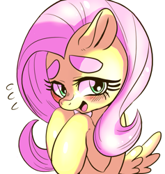Size: 949x1000 | Tagged: safe, artist:_no_tarin, artist:misocha, fluttershy, pegasus, pony, beanbrows, blushing, bust, cute, eyebrows, female, hooves to the chest, looking at you, mare, open mouth, plewds, portrait, shyabetes, simple background, smiling, solo, three quarter view, white background, wings