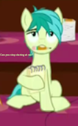 Size: 113x181 | Tagged: safe, edit, edited screencap, screencap, sandbar, earth pony, pony, what lies beneath, asking, bored, caption, cropped, fourth wall, hoof hold, looking at you, notepad, pencil, pencil in mouth, picture for breezies, question, shrunken pupils, sitting, solo, staring at you, staring contest, tired