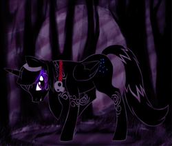 Size: 679x576 | Tagged: safe, artist:halfbreed-kitomi, oc, oc only, alicorn, pony, alicorn oc, forest, jewelry, male, necklace, raised hoof, skull, solo, sombra eyes, stallion, tattoo