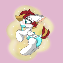 Size: 1000x1007 | Tagged: safe, artist:cuddlelamb, oc, oc:cuddlelamb, pegasus, pony, age regression, baby, baby pony, blushing, colt, diaper, dock, foal, magic, male, pacifier, solo, speech bubble