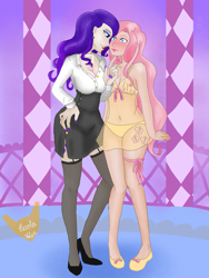 Size: 1147x1529 | Tagged: safe, artist:piccolavolpe, fluttershy, rarity, human, belly button, blushing, bra, clothes, female, flarity, hand on hip, high heels, humanized, lesbian, lingerie, lipstick, panties, ribbon, see-through, shipping, shoes, skirt, underwear, yellow underwear