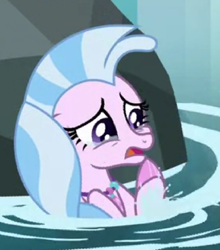Size: 349x397 | Tagged: safe, screencap, silverstream, seapony (g4), what lies beneath, adorable distress, cropped, crying, cute, diastreamies, female, fins, jewelry, necklace, open mouth, rock, solo, splash, splashing, teary eyes, upset, water, worried