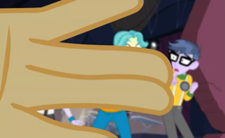 Size: 1179x720 | Tagged: safe, screencap, brawly beats, microchips, ringo, sandalwood, better together, cheer you on, equestria girls, breaking the fourth wall, clothes, fingers, fourth wall, glasses, male, mc sandalwood, offscreen character, pants