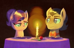 Size: 1111x719 | Tagged: safe, artist:talonsofwater, filthy rich, spoiled rich, pony, bowtie, bust, candle, date, dinner, female, flower, male, portrait, romantic, rose, shipping, spoilthy, straight