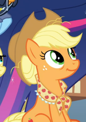 Size: 398x563 | Tagged: safe, screencap, applejack, earth pony, pony, the last problem, applejack's hat, cowboy hat, cropped, cute, female, granny smith's scarf, hair bun, hat, jackabetes, looking up, mare, offscreen character, older, older applejack, sitting, smiling, solo focus