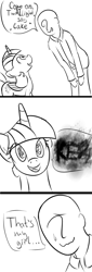 Size: 1626x4800 | Tagged: safe, artist:yukkuripalehorse, twilight sparkle, twilight sparkle (alicorn), oc, oc:anon, alicorn, human, pony, /mlp/, 4chan, comic, dialogue, monochrome, the pony machine learning project