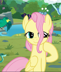 Size: 797x941 | Tagged: safe, screencap, fluttershy, bird, butterfly, pegasus, pony, snake, the last problem, cropped, female, lidded eyes, mare, older, older fluttershy, raised hoof, smiling, solo, standing up