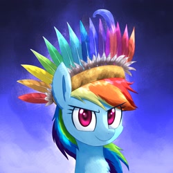 Size: 3000x3000 | Tagged: safe, artist:yinglongfujun, rainbow dash, pegasus, pony, fanfic:evenfall, bust, chest fluff, fanfic art, feather, headdress, portrait, solo, tribal