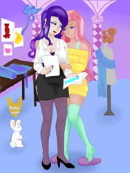 Size: 750x1000 | Tagged: safe, artist:piccolavolpe, angel bunny, fluttershy, rarity, bird, human, rabbit, squirrel, animal, clothes, fabric, female, flarity, high heels, humanized, jewelry, lesbian, lipstick, mannequin, nail polish, necklace, pearl necklace, shipping, shoes, skirt, slippers
