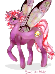 Size: 480x640 | Tagged: safe, artist:nightlightwolf, oc, oc only, oc:smolder blitz, alicorn, pony, alicorn oc, butterfly wings, horn, simple background, smiling, solo, white background, wings