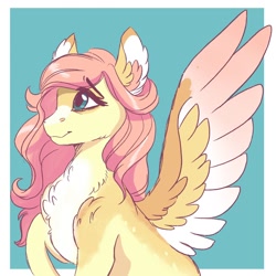 Size: 1200x1200 | Tagged: safe, artist:scarletskitty12, fluttershy, pegasus, pony, bust, chest fluff, coat markings, cute, digital art, ear fluff, female, looking away, mare, pale belly, portrait, raised hoof, shoulder fluff, shyabetes, sitting, smiling, snip (coat marking), solo, spread wings, three quarter view, two toned wings, wings