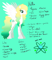 Size: 945x1076 | Tagged: safe, artist:hellaoverlord, oc, oc only, oc:uranium decay, element pony, object pony, original species, pegasus, pony, atom, base used, cutie mark, female, gradient hooves, gradient mane, gradient tail, mare, ponified, simple background, solo, spots, teal background