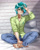 Size: 874x1100 | Tagged: safe, artist:racoonsan, sandbar, human, anime, barefoot, bedroom eyes, clothes, cute, cutie mark on clothes, feet, green hair, handsome, humanized, jeans, looking at you, male, male feet, older, older sandbar, pants, sandabetes, shirt, signature, sitting, smiling, solo, stupid sexy sandbar, toenails, toes, watermark