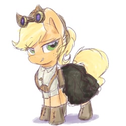 Size: 2000x2000 | Tagged: safe, artist:littleblackraencloud, applejack, earth pony, pony, clothes, cute, dress, female, goggles, high res, jackabetes, lidded eyes, mare, simple background, solo, steampunk, white background