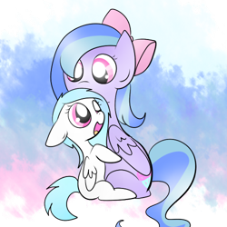 Size: 500x500 | Tagged: safe, artist:wisheslotus, oc, oc only, oc:carmen, oc:wishes, pegasus, pony, abstract background, bow, duo, female, hair bow, mare, pegasus oc, simple background, smiling, transparent background, wide eyes, wings