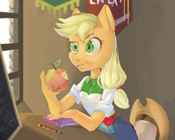 Size: 1000x800 | Tagged: safe, artist:dogs4life123, derpibooru import, applejack, anthro, apple, equestria girls outfit, female, food, no more ponies at source, solo