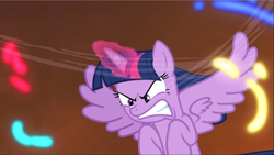 Size: 1666x939 | Tagged: safe, screencap, twilight sparkle, twilight sparkle (alicorn), alicorn, pony, twilight's kingdom, angry, cropped, determined, female, fight, flying, furious, glare, glowing horn, gritted teeth, looking at someone, looking down, magic, mare, solo, spread wings, twilight is not amused, twilight vs tirek, unamused, windswept mane