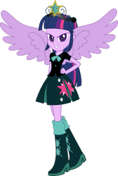 Size: 733x1089 | Tagged: safe, twilight sparkle, twilight sparkle (alicorn), alicorn, equestria girls, boots, clothes, crown, cutie mark, female, high heel boots, jewelry, miniskirt, pleated skirt, regalia, shoes, simple background, skirt, smiling, solo, transparent background, twivine sparkle, wings