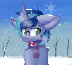 Size: 1333x1200 | Tagged: safe, artist:lunar froxy, oc, oc only, oc:blue cola, bust, candy, candy cane, clothes, food, glasses, male, portrait, scarf, snow, solo, stallion, winter