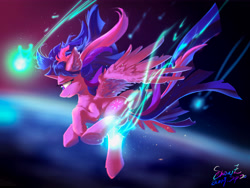 Size: 8000x6000 | Tagged: safe, artist:coldrivez, twilight sparkle, twilight sparkle (alicorn), alicorn, pony, absurd resolution, blurry background, chest fluff, ear fluff, earth, falling, female, fluffy, leg fluff, mare, profile, solo, space