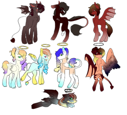 Size: 512x461 | Tagged: safe, artist:hunny-bun-bunn, oc, oc only, oc:anatasia, oc:bluey, oc:elvere, oc:maddie, oc:nightlight (ice1517), oc:peachblizzard, oc:summer (ice1517), oc:sweetpeach (ice1517), angel, angel pony, bat pony, demon, demon pony, original species, pegasus, pony, amputee, bandage, black sclera, coat markings, colored sclera, eye scar, female, flying, halo, hbrid, heterochromia, male, mare, multicolored hair, raised hoof, scar, simple background, stallion, tattoo, transparent background, unshorn fetlocks