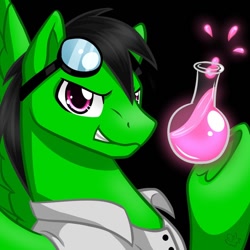 Size: 900x900 | Tagged: safe, artist:nothingspecialx9, oc, oc only, oc:thallium burst, element pony, object pony, original species, pegasus, pony, badass, black background, bust, clothes, glass, goggles, lab coat, male, ponified, simple background, stallion