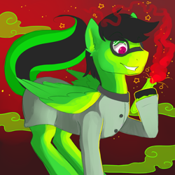 Size: 900x900 | Tagged: safe, artist:featherblot, oc, oc only, oc:thallium burst, element pony, object pony, original species, pegasus, pony, clothes, cloud, goggles, gradient background, lab coat, male, ponified, smiling, stallion, test tube