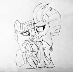 Size: 2432x2399 | Tagged: safe, artist:ejlightning007arts, fizzlepop berrytwist, tempest shadow, twilight sparkle, twilight sparkle (alicorn), alicorn, pony, broken horn, cute, female, hand drawing, horn, jewelry, lesbian, locket, looking at each other, necklace, shipping, tempestlight, traditional art