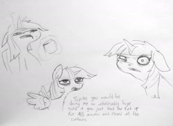 Size: 1885x1373 | Tagged: safe, artist:tjpones, twilight sparkle, twilight sparkle (alicorn), alicorn, pony, angry, bags under eyes, black and white, bloodshot eyes, cup, dialogue, faic, female, grayscale, hangover, implied spike, magic, mare, monochrome, mug, open mouth, simple background, telekinesis, text, vulgar, white background, wings