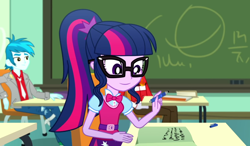 Size: 1616x941 | Tagged: safe, screencap, heath burns, sci-twi, thunderbass, twilight sparkle, eqg summertime shorts, equestria girls, subs rock, ballpoint pen, bowtie, canterlot high, chalkboard, classroom, cropped, cute, desk, female, male, ponytail, twiabetes