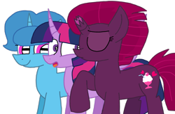 Size: 1650x1080 | Tagged: safe, artist:徐詩珮, fizzlepop berrytwist, spring rain, tempest shadow, twilight sparkle, twilight sparkle (alicorn), alicorn, pony, unicorn, bisexual, broken horn, female, horn, kissing, lesbian, mare, polyamory, shipping, simple background, springlight, springshadow, springshadowlight, tempestlight, transparent background, twilight sparkle gets all the mares