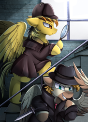 Size: 2550x3509 | Tagged: safe, artist:pridark, oc, oc only, oc:electuroo, pegasus, pony, clothes, commission, dagger, detective, hat, high res, magnifying glass, spy, unnamed oc, weapon