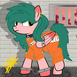 Size: 768x768 | Tagged: safe, artist:thunder burst, oc, pegasus, pony, clothes, collar, cuffs, female, mare, prison, prison outfit, solo