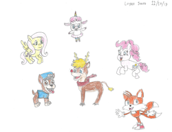 Size: 1053x814 | Tagged: safe, artist:logan jones, fluttershy, pinkie pie, deer, dog, earth pony, fox, lamb, pegasus, pony, reindeer, sheep, chase (paw patrol), crossover, drawing, goodtimes, miles "tails" prower, paw patrol, rick and morty, rudolph the red nosed reindeer, sonic the hedgehog (series), tinkles (rick and morty), traditional art