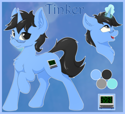 Size: 2238x2043 | Tagged: safe, artist:wolfypon, oc, oc only, oc:tinker doo, pony, unicorn, chest fluff, ear fluff, glasses, looking at you, magic, male, one hoof raised, open mouth, raised hoof, reference sheet, solo, stallion