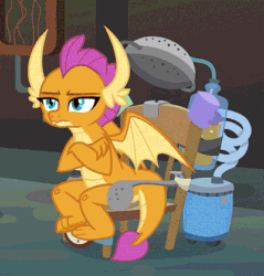 Size: 400x418 | Tagged: safe, edit, edited screencap, screencap, smolder, dragon, a horse shoe-in, animated, asking, claws, cropped, crossed arms, crossed legs, disappointed, dragoness, fangs, female, frown, gif, glare, hand on chin, horns, invention, laboratory, pouting, raised eyebrow, shrug, smolder is not amused, solo, spread wings, teenaged dragon, teenager, toes, unamused