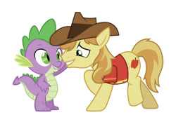 Size: 750x493 | Tagged: safe, artist:deratrox, artist:glessmlp, edit, editor:undeadponysoldier, braeburn, spike, dragon, about to kiss, clothes, cowboy hat, cute, gay, hat, imminent kissing, interspecies, male, shipping, shirt, simple background, spikeburn, this will end in kisses, this will end with a kiss, white background